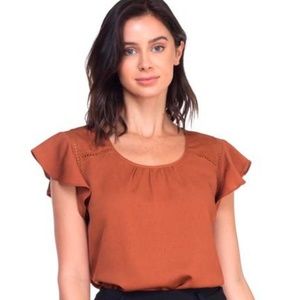 Women Ruffle Sleeve Top in Cognac